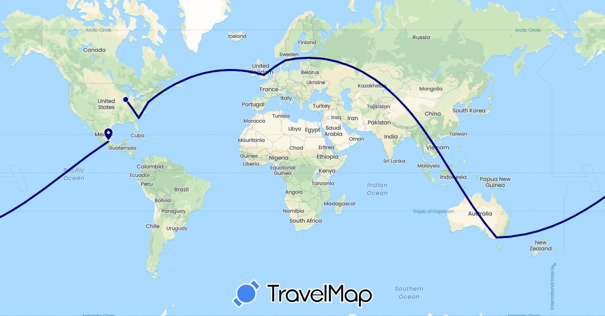 TravelMap itinerary: driving in Australia, United Kingdom, Mexico, Sweden, United States (Europe, North America, Oceania)